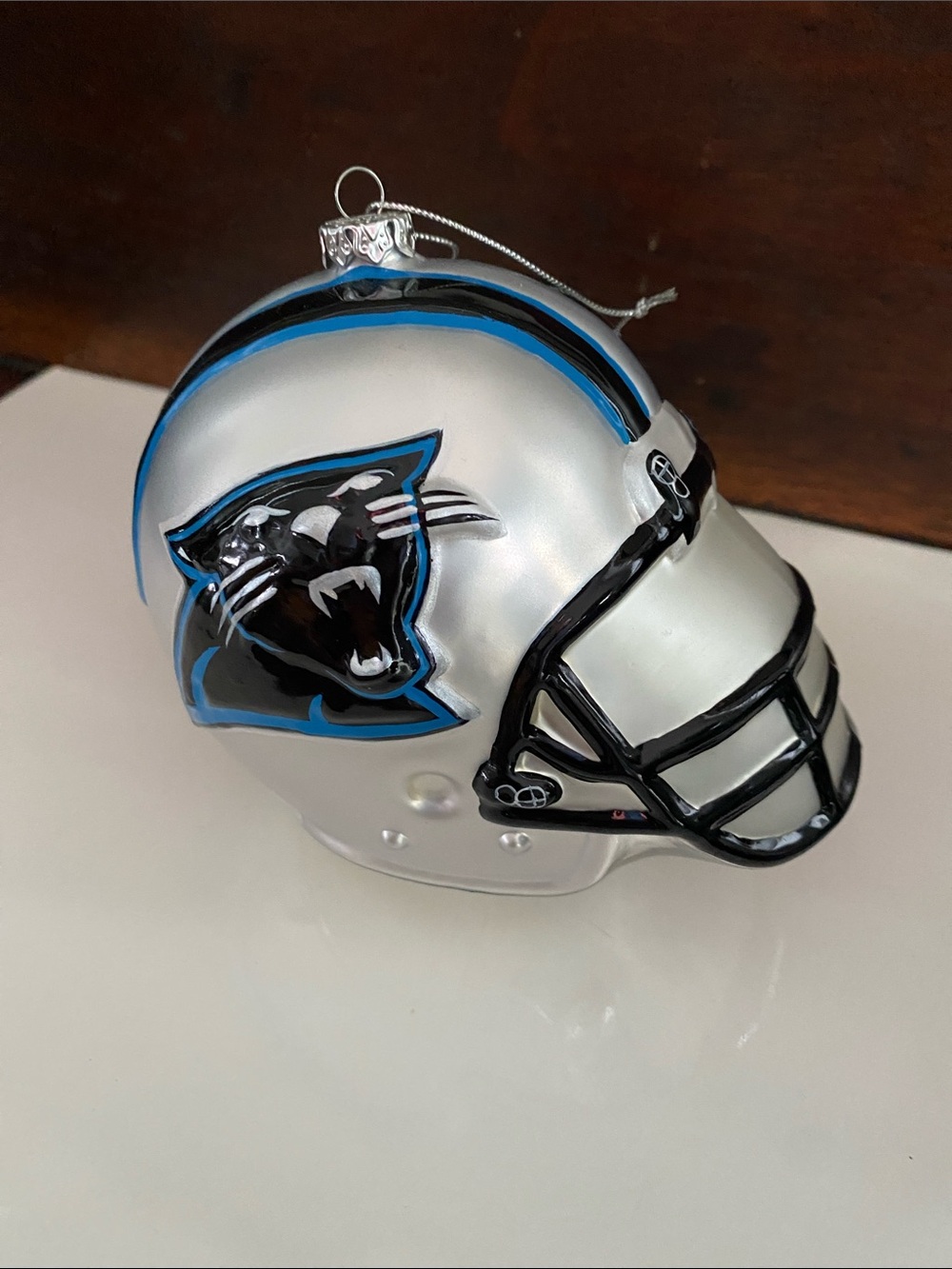 Carolina Panthers Helmet large blown glass Christmas ornament NFL football